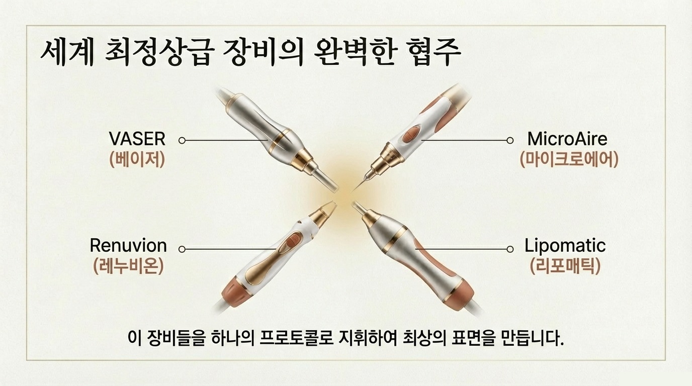 世界最高級機器の完璧なアンサンブル — VASER、MicroAire、Renuvion、Lipomatic 4種類の機器