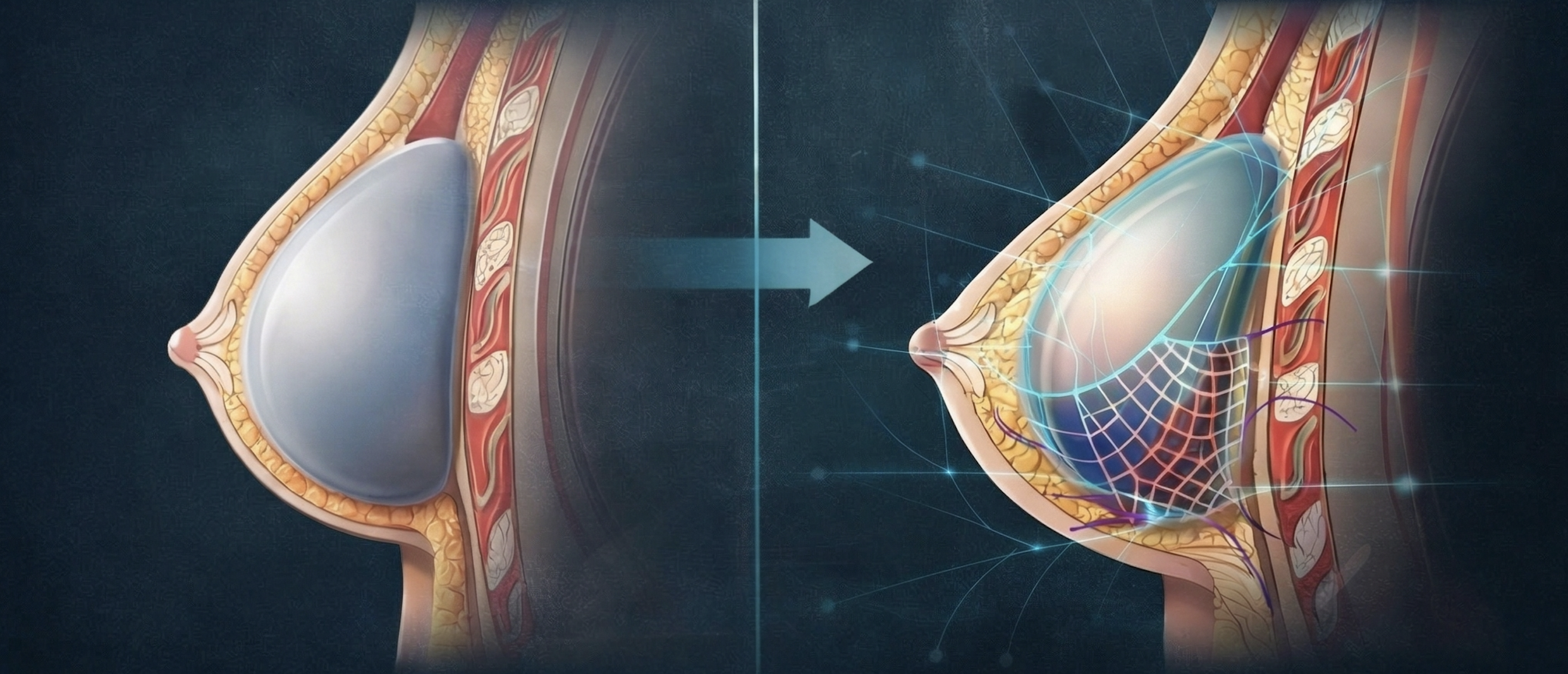 Internal Bra 하부 지지 구조 — 보형물 아래를 단단하게 봉합하여 밑빠짐을 방지하는 내부 지지대