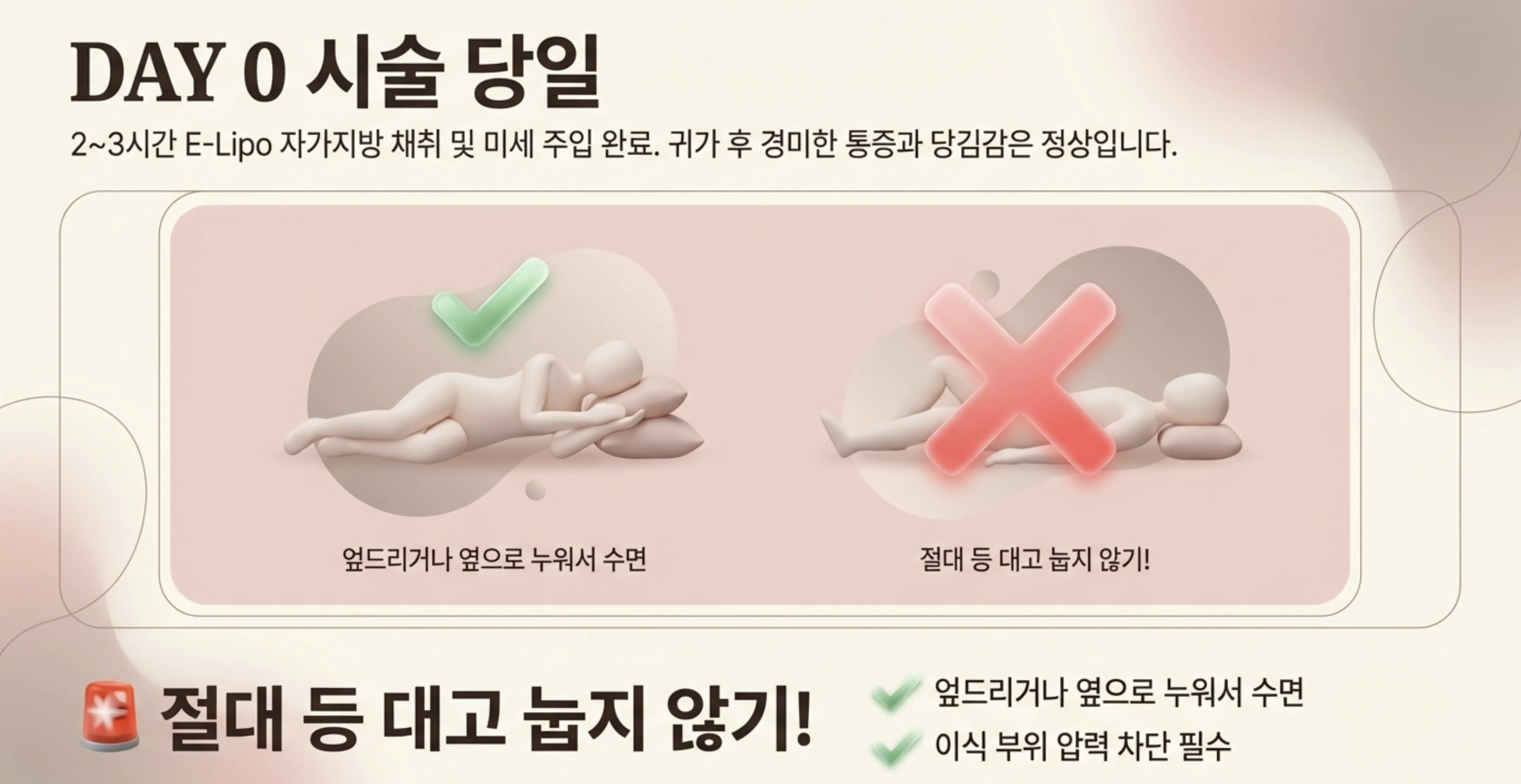 DAY 0 시술 당일 — 절대 등 대고 눕지 않기, 이식 부위 압력 차단