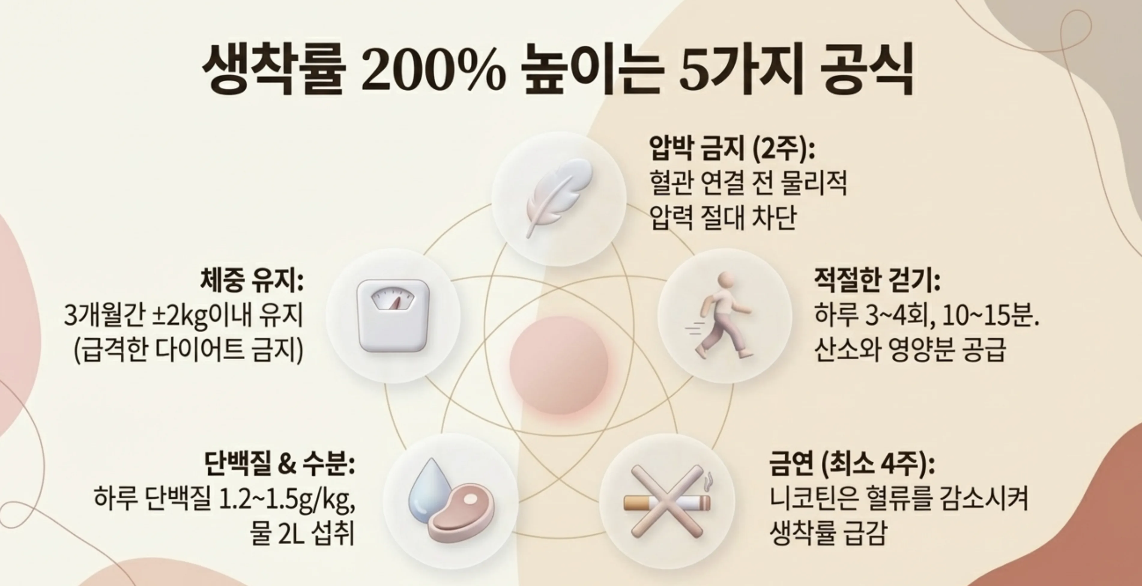 생착률 높이는 5가지 공식 — 압박 금지, 걷기, 금연, 단백질, 체중 유지