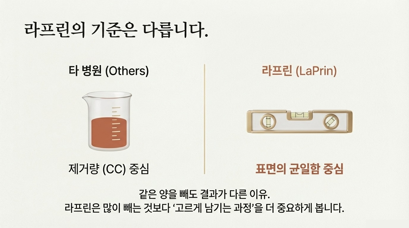 라프린의 기준은 다릅니다 — 타 병원은 제거량(CC) 중심, 라프린은 표면의 균일함 중심